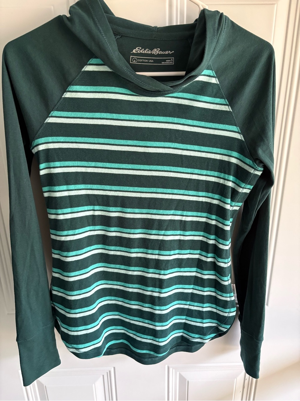 Eddie Bauer Forest Green Striped Hooded Long Sleeve Top